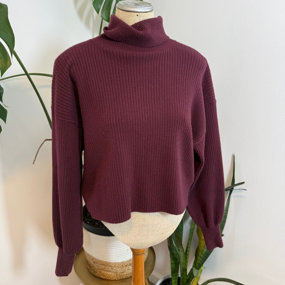 Good American Ribbed Turtleneck Sweater Burgundy Balloon Sleeve Cropped Size S